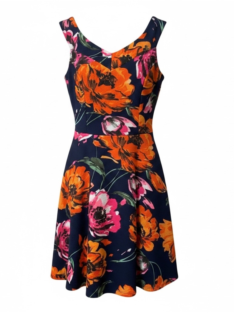 Aqua Navy Mini Dress with Orange & Pink Floral Print